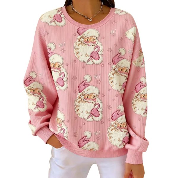 Christmas Santa Claus Holding Candy Cane Print Ribbed Pit Striped Round-Neck Sweatshirt