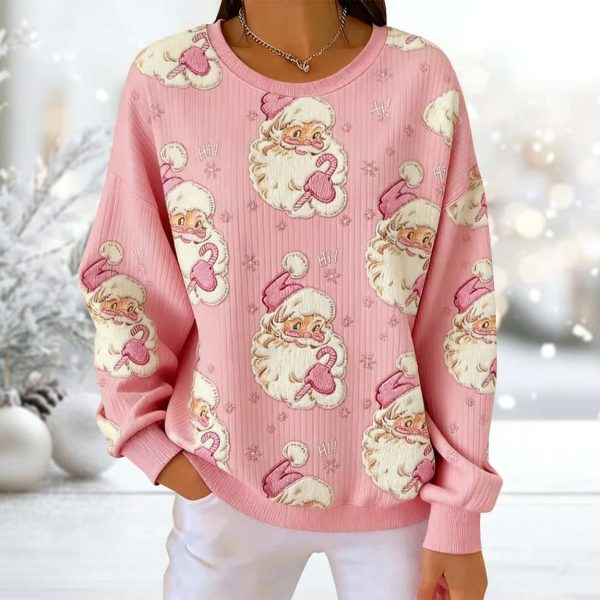 Christmas Santa Claus Holding Candy Cane Print Ribbed Pit Striped Round Neck Sweatshirt 2
