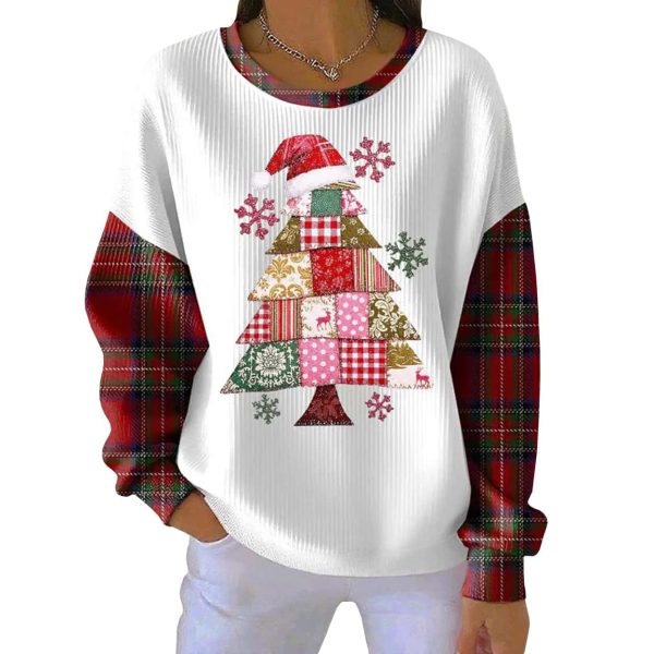 Christmas Tree Print Ribbed Round Neck Sweatshirt 2