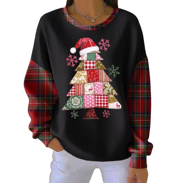 Christmas Tree Print Ribbed Round Neck Sweatshirt 3