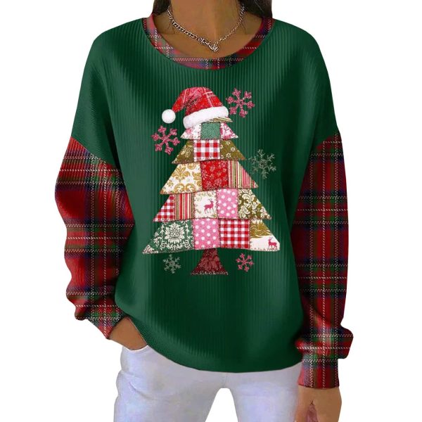 Christmas Tree Print Ribbed Round Neck Sweatshirt 4