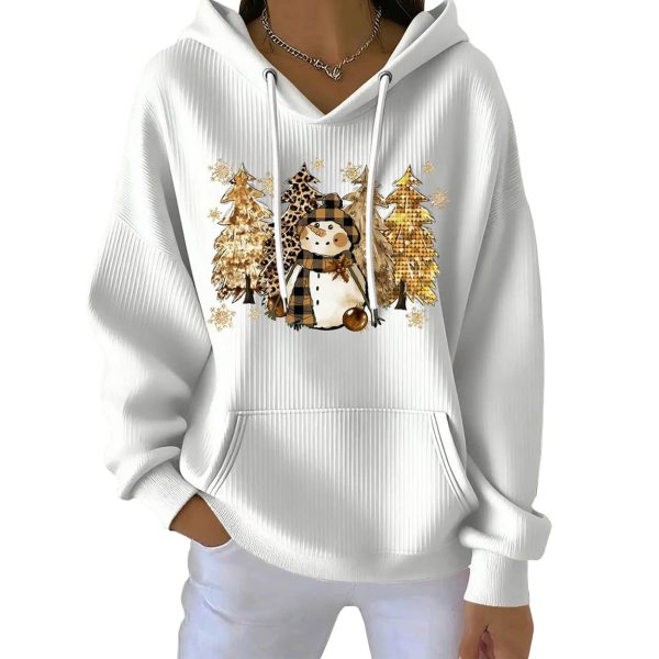Christmas Vintage Snowman Floral Art Ribbed Hoodie Casual Top