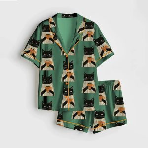 Black Cat Drinking Coffee Satin Pajama Set