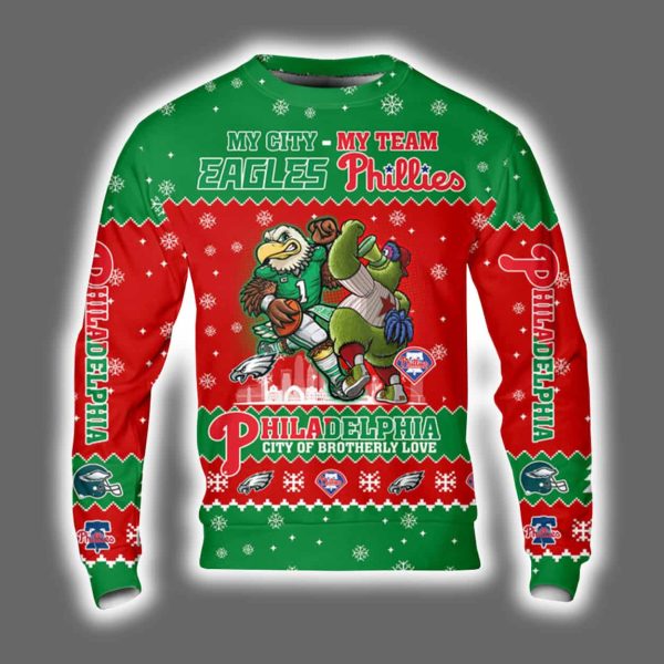 Eagles x Phillies My City My Team City Of Brotherly Love Ugly Christmas Sweater 2