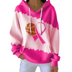 Retro Breast Cancer Basketball Print Ribbed Pit Striped Hoodie