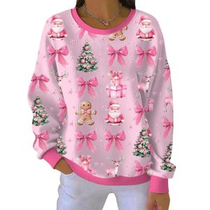 Christmas Pink Santa Claus Ribbon Bow Ginger Man Pit Striped Sweatshirt