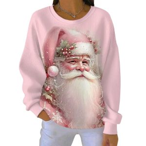Vintage Pink Christmas Santa Claus Print Casual Sweatshirt