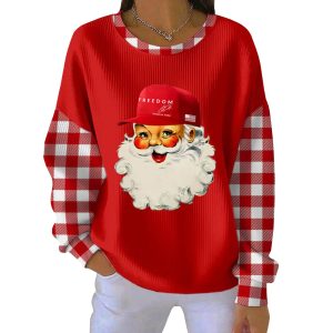 Christmas Santa Claus Freedom Charlie Kirk Hat Print Ribbed Round-Neck Sweatshirt