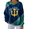Mariners Baseball Trident Print Ribbed Pit Striped Crew Neck Sweatshirt