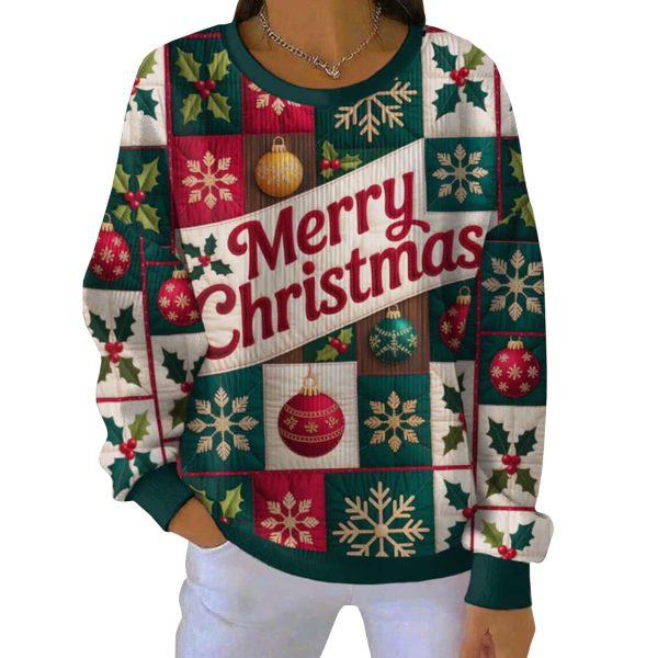 Merry Christmas Casual Print Long Sleeve Pit Striped Sweatshirt