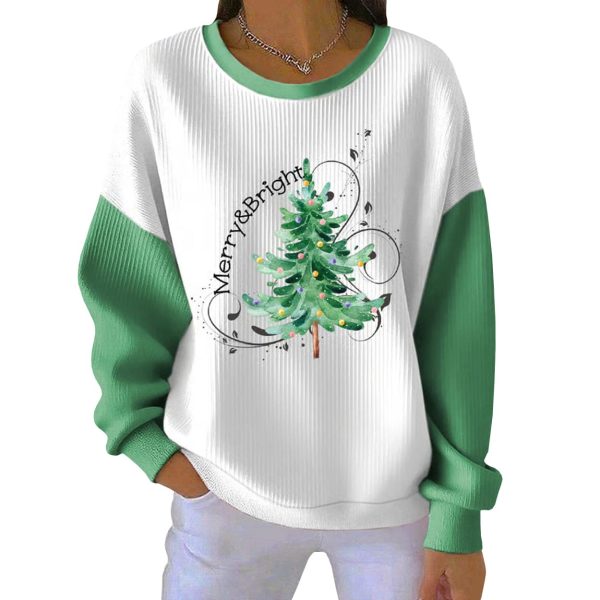 Merry and Bright Christmas Tree Print Pit Striped Sweatshirt 2