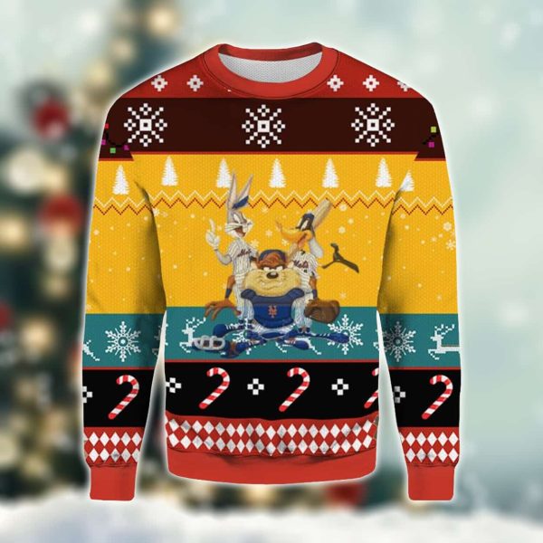 Mets Bugs Bunny Daffy Duck and Taz Ugly Christmas Sweater 2
