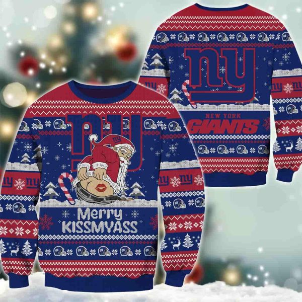 NY Giants Merry Kissmyass Santa Claus Ugly Christmas Sweater 2