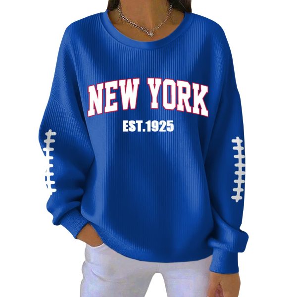 New York Football Est 1925 Print Ribbed Pit Striped Sweatshirt