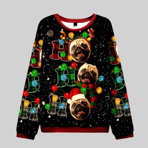 Festive Pugs With Lights Ho Ho Ho Ugly Christmas Sweater