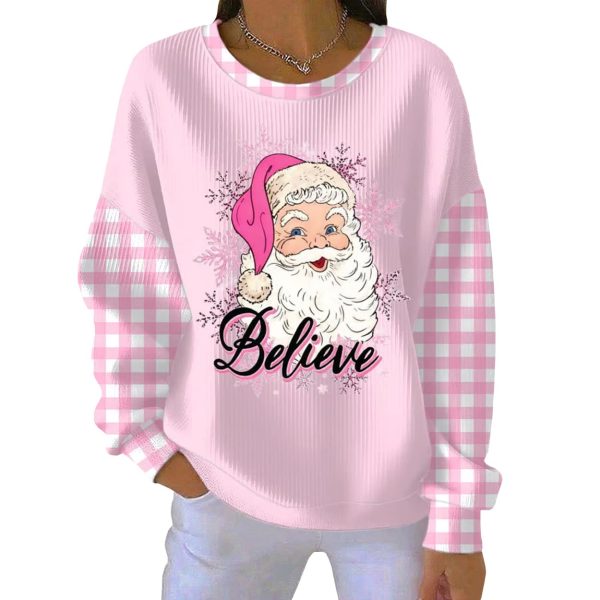 Pink Santa Believe Casual Christmas Printed Pit Striped Sweatshirt