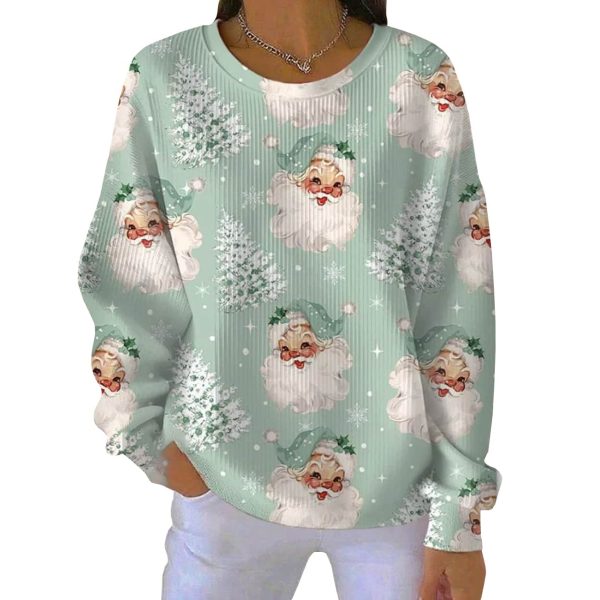 Pink Santa Claus Christmas Tree Print Casual Pit Striped Hoodie 1
