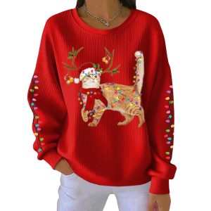 Christmas Cat Wearing Santa Hat Ribbed Pit Striped Round-Neck Sweatshirt