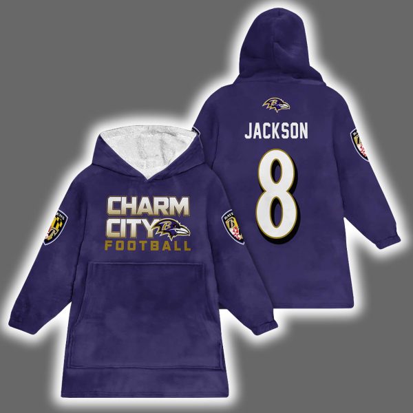 Ravens Charm City Football Lamar Jackson 8 Blanket Hoodie