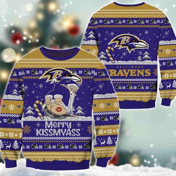 Ravens Merry Kissmyass Santa Claus Ugly Christmas Sweater 2