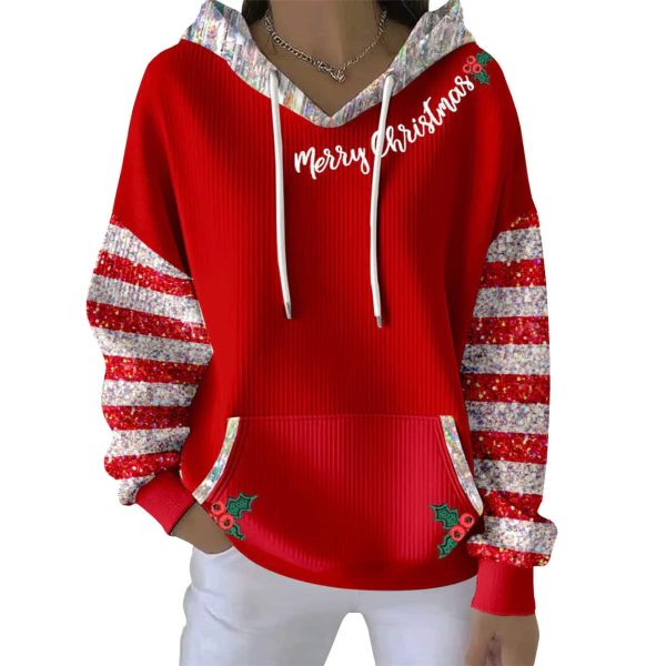 Red Merry Christmas Holly Round-Neck Pit Striped Hoodie