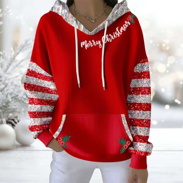 Red Merry Christmas Holly Round Neck Pit Striped Hoodie 2