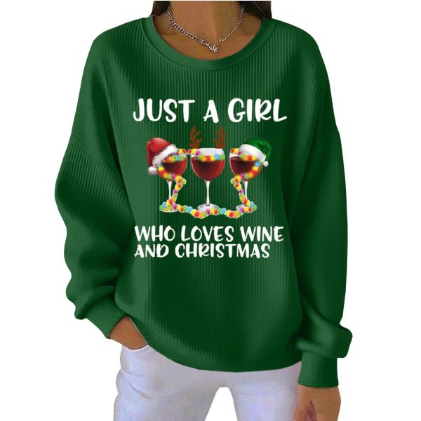 Retro Just A Girl Who Loves Wine And Christmas Print Round Neck Pit Striped Sweatshirt 2