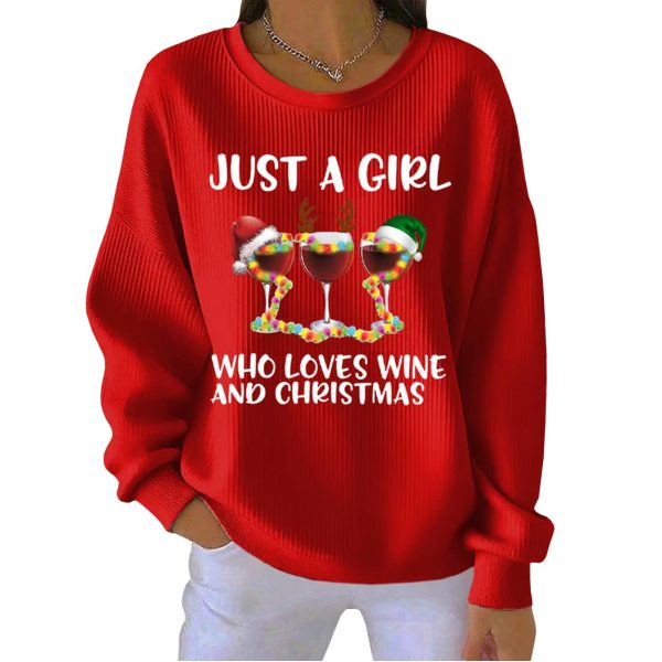 Retro Just A Girl Who Loves Wine And Christmas Print Round Neck Pit Striped Sweatshirt 3