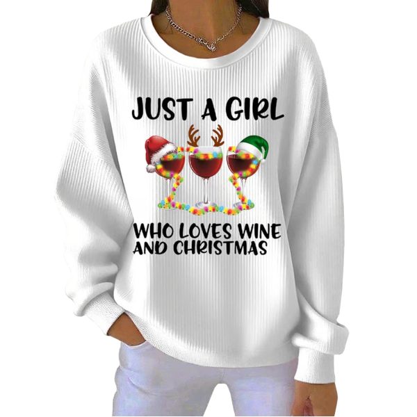 Retro Just A Girl Who Loves Wine And Christmas Print Round Neck Pit Striped Sweatshirt 4