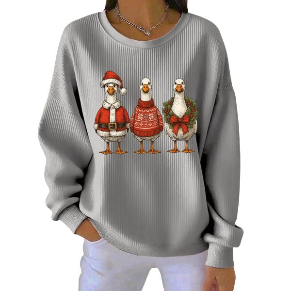 Retro Santa Goose Print Round Neck Christmas Pit Striped Sweatshirt 2