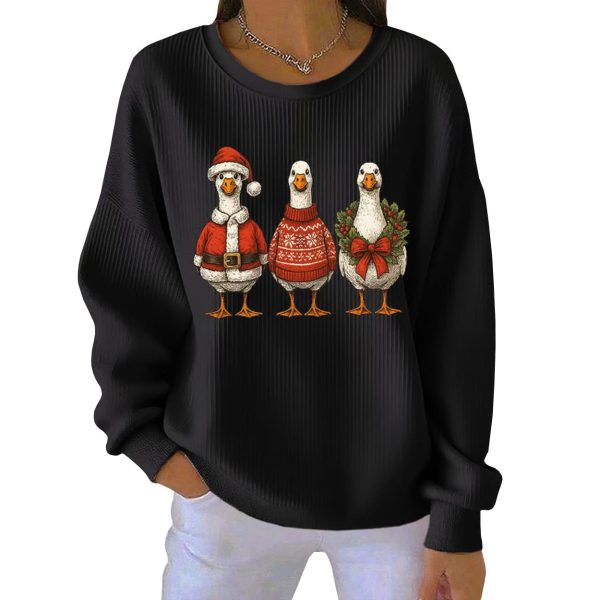Retro Santa Goose Print Round Neck Christmas Pit Striped Sweatshirt 3