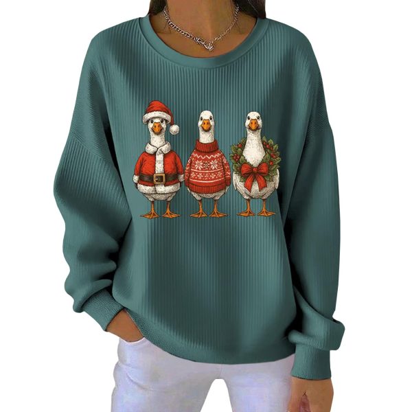Retro Santa Goose Print Round Neck Christmas Pit Striped Sweatshirt 4