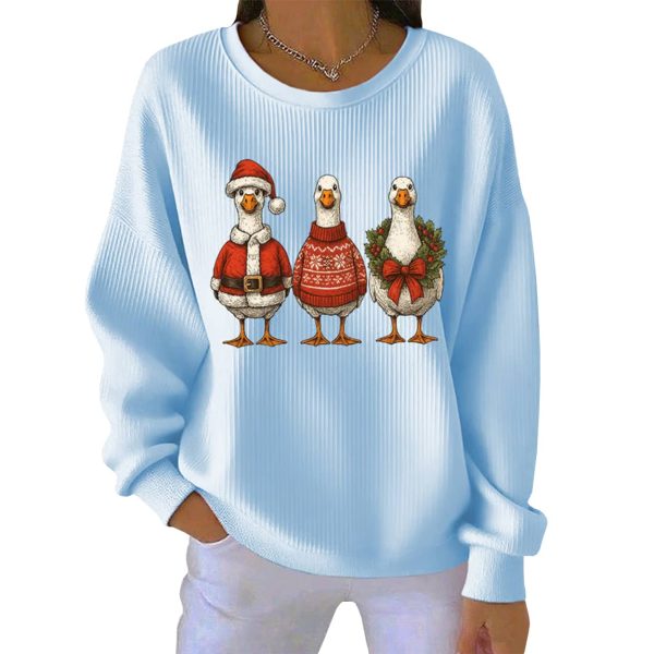 Retro Santa Goose Print Round Neck Christmas Pit Striped Sweatshirt 5