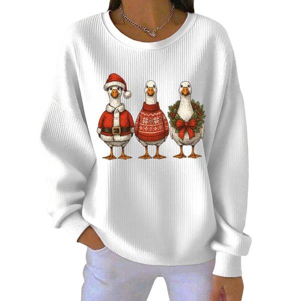 Retro Santa Goose Print Round Neck Christmas Pit Striped Sweatshirt 6