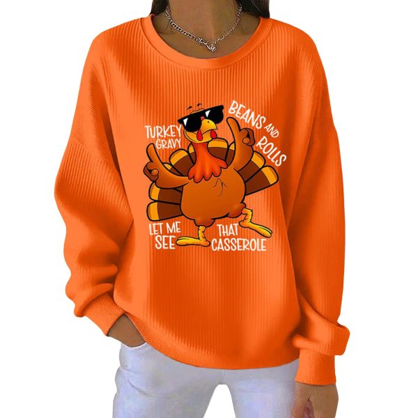 Retro Thanksgiving Turkey Print Round Neck Ribbed Sweatshirt