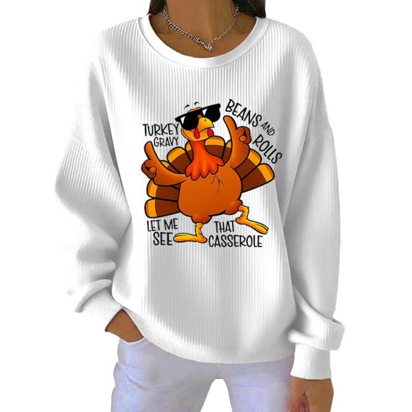 Retro Thanksgiving Turkey Print Round Neck Ribbed Sweatshirt 2