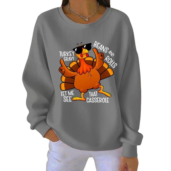 Retro Thanksgiving Turkey Print Round Neck Ribbed Sweatshirt 3