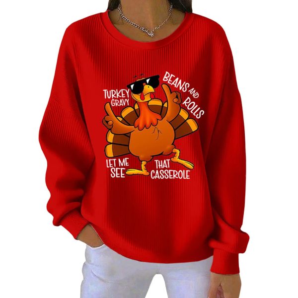 Retro Thanksgiving Turkey Print Round Neck Ribbed Sweatshirt 4