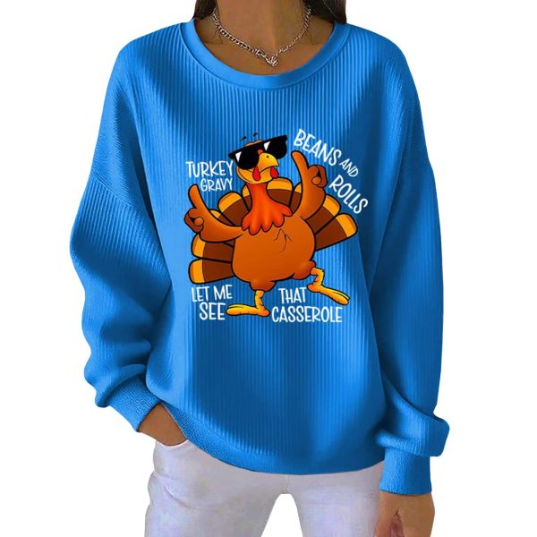 Retro Thanksgiving Turkey Print Round Neck Ribbed Sweatshirt 5