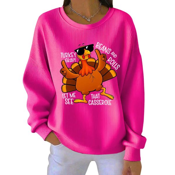 Retro Thanksgiving Turkey Print Round Neck Ribbed Sweatshirt 6