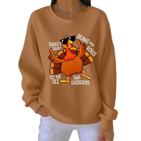 Retro Thanksgiving Turkey Print Round Neck Ribbed Sweatshirt 7