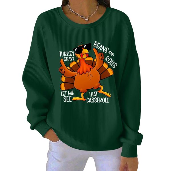 Retro Thanksgiving Turkey Print Round Neck Ribbed Sweatshirt 8