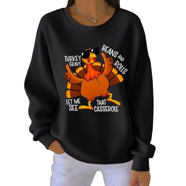 Retro Thanksgiving Turkey Print Round Neck Ribbed Sweatshirt 9