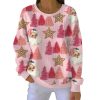 Santa Christmas Tree Ribbed Round-Neck Pink Sweatshirt