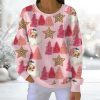 Santa Christmas Tree Ribbed Round Neck Pink Sweatshirt 2