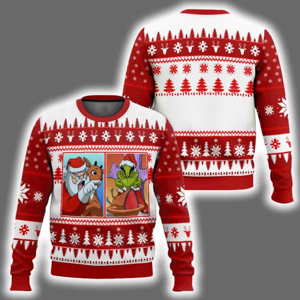 Santa Claus & The Grnch Woman Yelling At A Cat Meme Ugly Christmas Sweater