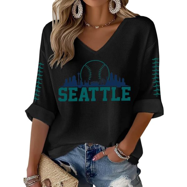 Seattle Baseball Print Waffle Long Sleeve T Shirt 2