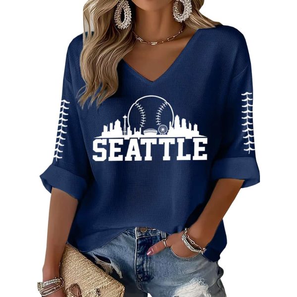 Seattle Baseball Print Waffle Long Sleeve T Shirt 3