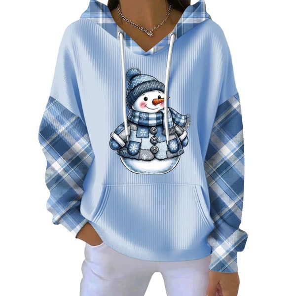 Snowman Merry Christmas Print Casual Blue Pit Striped Hoodie