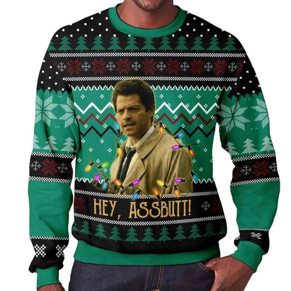 Supernatural Misha Collins Castiel Hey Assbutt Ugly Christmas Sweater 2